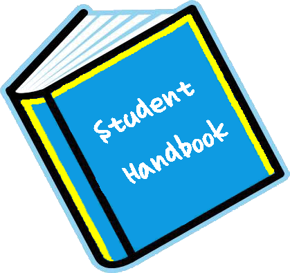 Blue book with title "Student Handbook"