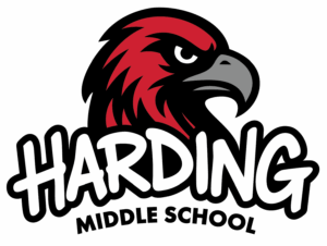 Harding Middle School Logo with Hawk Mascot Logo for Harding Middle School featuring a bold red and black hawk head above the school name in stylized white and black lettering